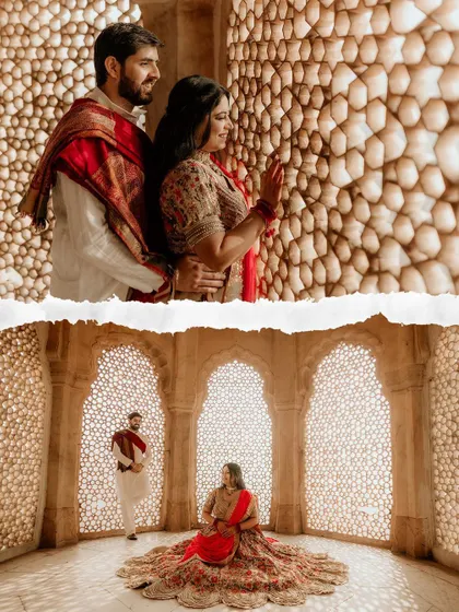 A collage showcasing the architectural beauty of a Jaipur palace, with the couple posed against the famous latticed windows.