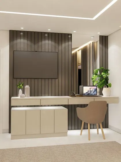 A full view of the bedroom's functional wall, showcasing the ample desk space and storage.
