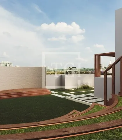 A design concept for the Goregaon project, featuring curved, landscaped benches and a wooden staircase, creating a dynamic and organic flow.