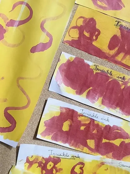 The results of our invisible ink experiment. Each child wrote a secret message and was amazed to see it appear, learning about chemical reactions in a fun and memorable way.