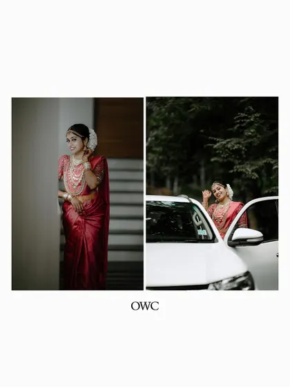 A collage of the bride, showing her in different settings, from indoors to outdoors with a car.
