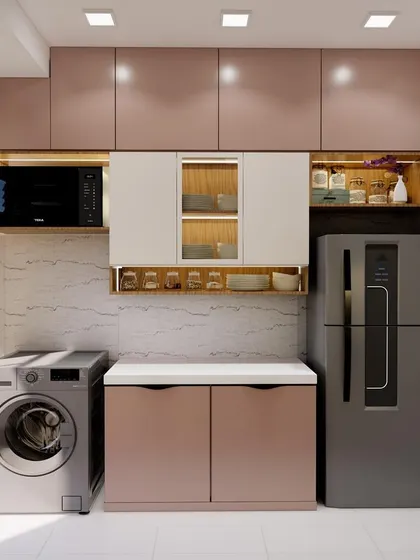 Another view from the 3D design, showing how the kitchen layout accommodates appliances like the washing machine, refrigerator, and microwave, ensuring a perfect fit.