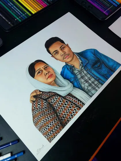 Another angle of the mother and son portrait from Rajasthan. The detail in the clothing patterns was achieved by carefully layering different shades of colour pencils.