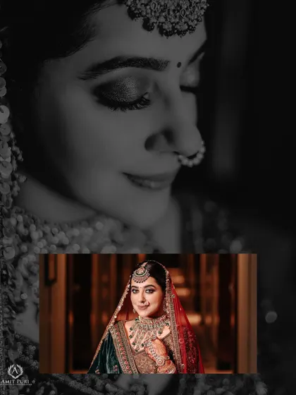 A collage blending a black and white close-up with a full-color portrait. This artistic choice highlights the bride's serene expression and her complete, beautiful bridal look.