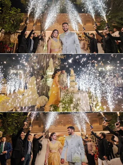 This collage captures the celebratory highlights of Mehak and Shiven's Sangeet. From their entrance through a tunnel of sparklers to the grand cake cutting, it’s a story of joy and glamour.
