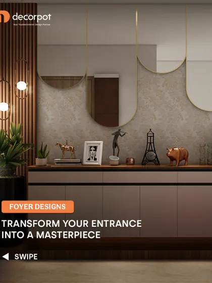 Transform your entrance into a masterpiece with this foyer design. It features a stylish console, unique curved mirrors, and elegant pendant lighting, creating a warm and inviting first impression.