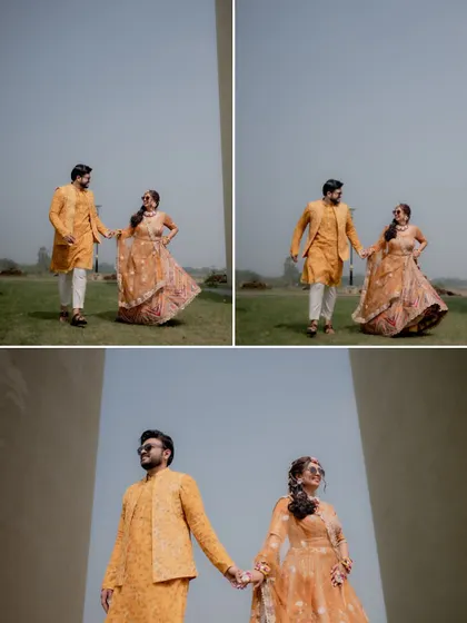 A collage of the couple walking hand-in-hand in an open field, showing off their coordinated Haldi outfits.