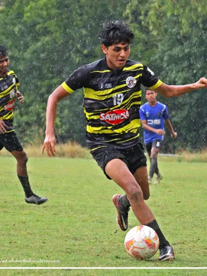 An action shot from the Football Delhi B Division League. The intensity of the game is visible as our player, representing our partner club BB Stars FC, moves with the ball.