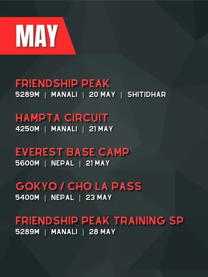 Our trek calendar for May 2025. More opportunities to climb Friendship Peak, trek the Hampta Circuit, or join our popular Everest Base Camp journey.