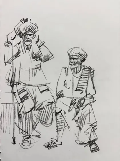 A quick sketch of two men standing and talking, an exercise in capturing interaction.