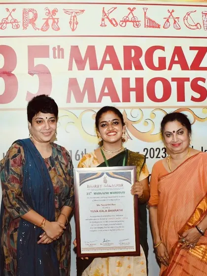 Feeling elated after winning the 'YUVA KALA BHARATHI' title from Bharat Kalachar during their 35th Margazhi Mahotsav. Margazhi is the best month for a Carnatic musician.