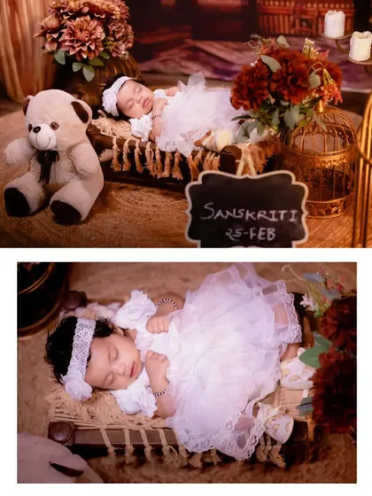 This collage shows a newborn baby girl named Sanskriti in a rustic setup with a teddy bear and a miniature cot.