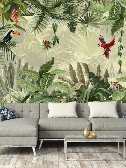 A vibrant and lively tropical jungle wallpaper, complete with toucans, parrots, and tigers hidden among the leaves.