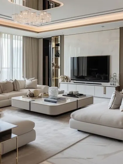 An ultra-modern living room with low-profile, modular seating and a multi-level coffee table. We used a sophisticated palette of beige, cream, and charcoal, with mirrored and marble surfaces adding a layer of luxury.