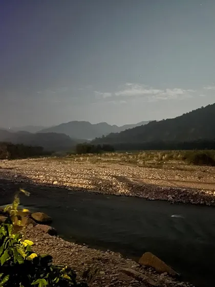 A river valley in the Jim Corbett region, seen under the soft light of the moon. The landscape takes on a quiet, mysterious quality at night.