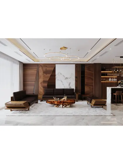 A bold and masculine living room design featuring dark wood paneling, leather sofas, and a built-in bar. The live-edge wooden coffee table serves as a natural, artistic centerpiece.