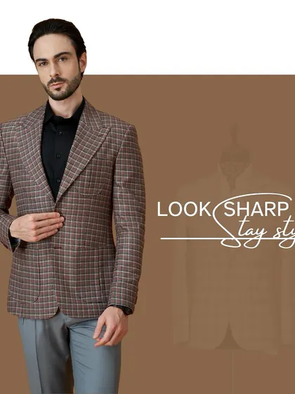 Look sharp, stay stylish. This brown plaid blazer, paired with grey trousers, is a masterpiece of style and sophistication, perfect for business meetings or formal events.