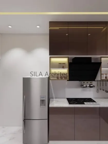 A render of a sleek, modern kitchen with brown lacquered cabinets and a built-in hob and chimney, part of our European-themed interior design package.