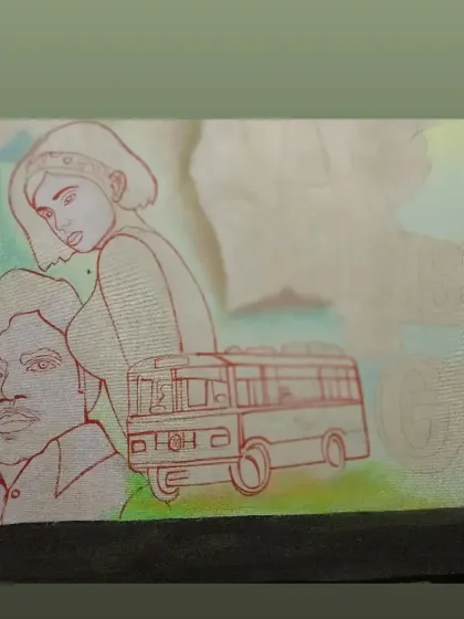 The initial sketch phase, showing the layout for the supporting characters and the bus on the 'Bombay to Goa' poster.