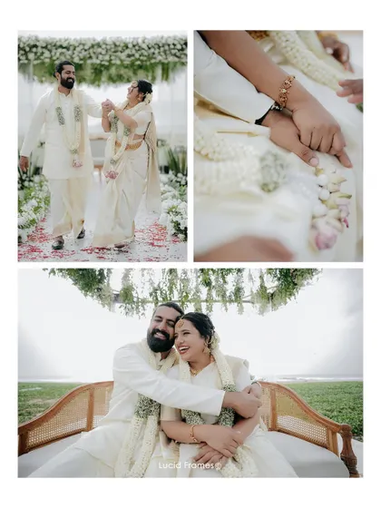 A collage telling the story of their beach wedding, from the joyful dance to quiet moments and happy portraits.