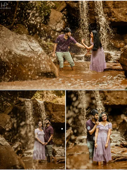 A playful and romantic collage of a couple by a waterfall. These shots capture the fun of an adventurous date, from splashing in the water to sharing a quiet moment together.