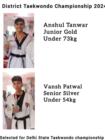 Anshul Tanwar and Vansh Patwal after their victories at the District Taekwondo Championship 2024, both selected for the Delhi State competition.