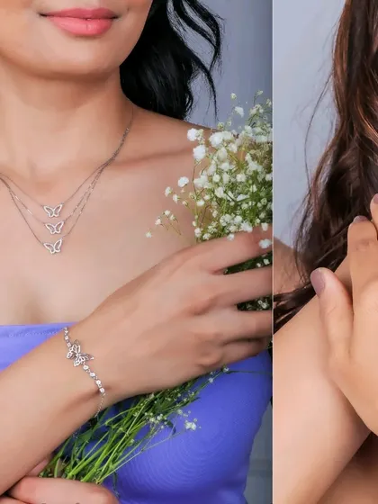 A collage demonstrating different ways to wear a butterfly-themed jewelry collection. It shows a layered necklace, a delicate bracelet, and a matching ring, providing styling inspiration.