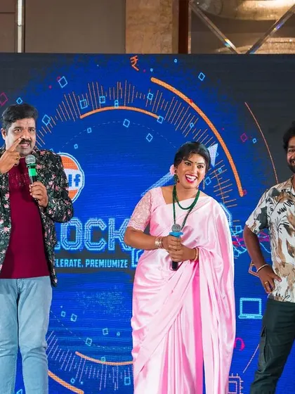 Sharing the stage with my fellow artists Majabharatha Raghu and Chiller Manju at the Indian Oil anniversary program. We had a great time entertaining the employees.