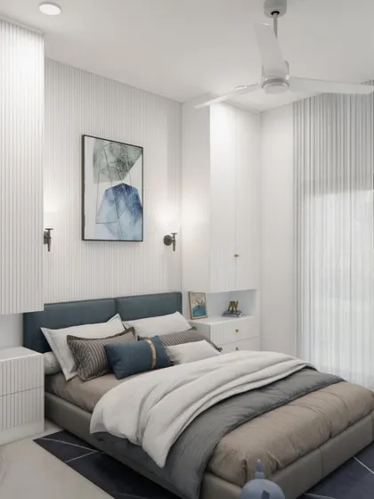 This serene kids' bedroom at Campan Valley Villa features clean white wardrobes, a comfortable bed, and sheer curtains that fill the room with soft, natural light.