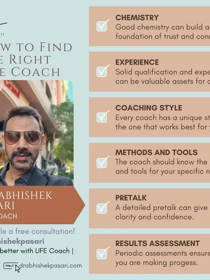 Finding the right life coach is crucial for your success. This infographic provides a checklist on what to look for, from chemistry and experience to coaching style and tools. I offer a free consultation to help you see if we are the right fit.
