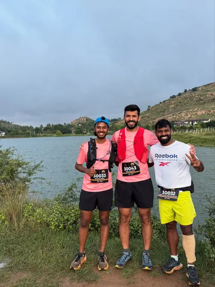 The three of us after the BMF trail race, posing by a lake on the course. The scenery is one of the rewards of trail running.