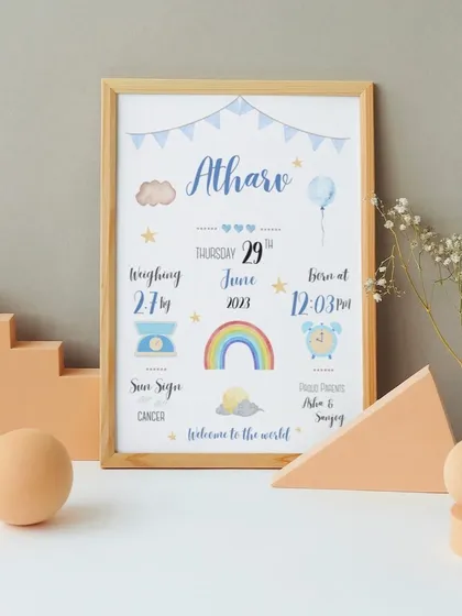 This baby biography frame for Atharv is a snapshot of love and joy. The design is clean and modern, with cute icons that highlight all the special details of the day he was born.