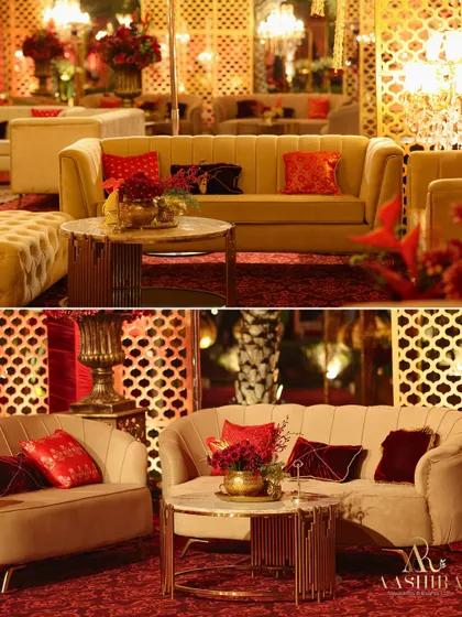 The lounge seating was designed for comfort and style, with plush sofas, rich red and gold cushions, and elegant coffee tables, all set against ornate jali screens.