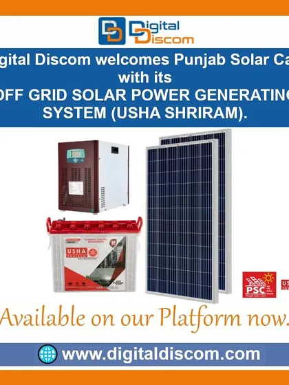 This off-grid solar power generating system from Punjab Solar Care includes Usha Shriram solar panels, an inverter, and a battery, providing a complete package for energy independence.