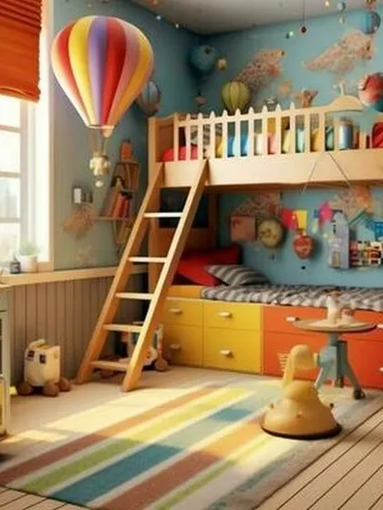 A duplicate of media 183, this vibrant kid's room with a bunk bed and travel theme is a perfect example of a fun and functional design.