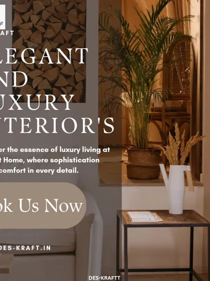 A graphic promoting our elegant and luxury interior design services, featuring a warm, inviting living space with natural elements.