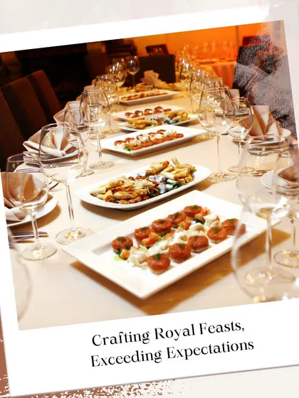 I specialize in crafting royal feasts that exceed expectations. This image of a beautifully set dining table with multiple platters of appetizers shows the fine dining experience I can create.