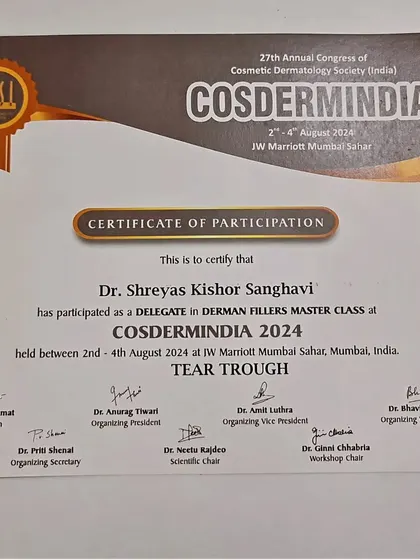 I believe in constant learning to provide the best and safest treatments. This is my certificate from a Dermal Fillers Master Class at COSDERMINIDA 2024, where I completed advanced training specifically for Tear Trough fillers to address under-eye hollows.