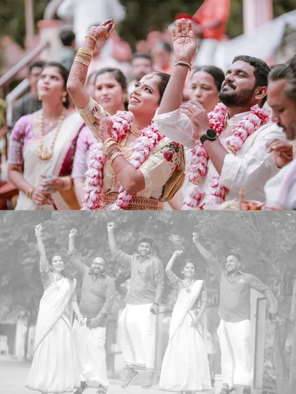 Pure joy and celebration captured as the wedding party cheers, shown in both a vibrant color photo and a timeless black and white version.