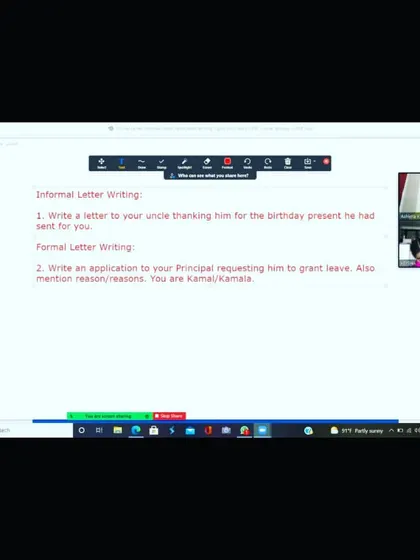 Here, we are discussing the structure of formal and informal letters in an online English class. The lesson material is clearly displayed on the screen for the student to read and follow.
