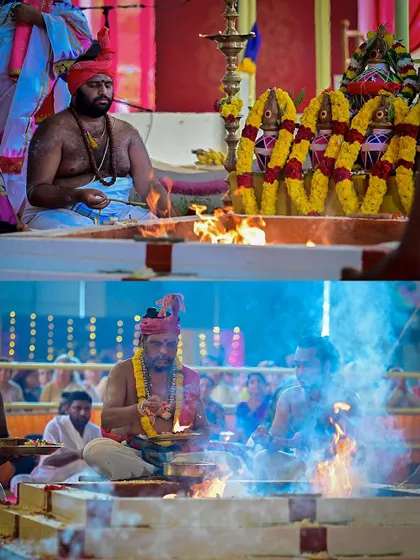 A collage showing the priests fully engaged in the Rishi Homa. The top image shows them seated around the fire, and the bottom image captures the rising smoke and flames, carrying prayers upwards.