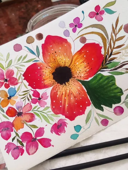 A whimsical floral piece with a large, dotted red flower at its center. I love adding playful elements to my botanical art.