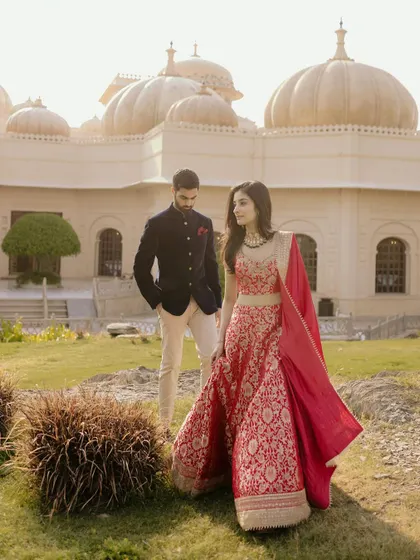 A romantic portrait of Nikita and Rishabh at the Udaivilas. Pre-wedding shoots at your destination are a wonderful way to get comfortable and capture beautiful, relaxed portraits.