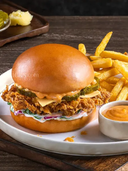 A crispy fried chicken burger with coleslaw and spicy sauce, served with a side of golden fries for a complete meal shot.