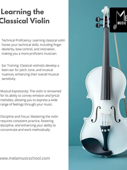 This graphic outlines the benefits of learning the classical violin, including technical proficiency, ear training, and musical expressivity.