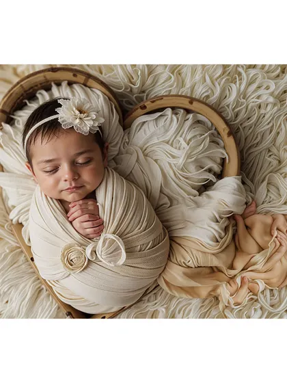 A newborn nestled in a heart-shaped basket with neutral, cream-colored wraps and a floral headband.