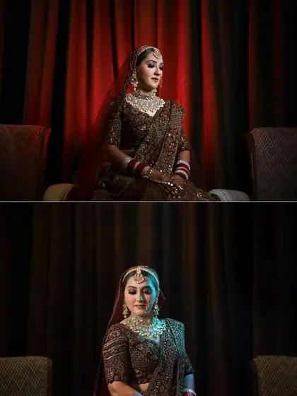 A collage of the bride seated like a queen, with dramatic lighting creating a regal and powerful portrait.