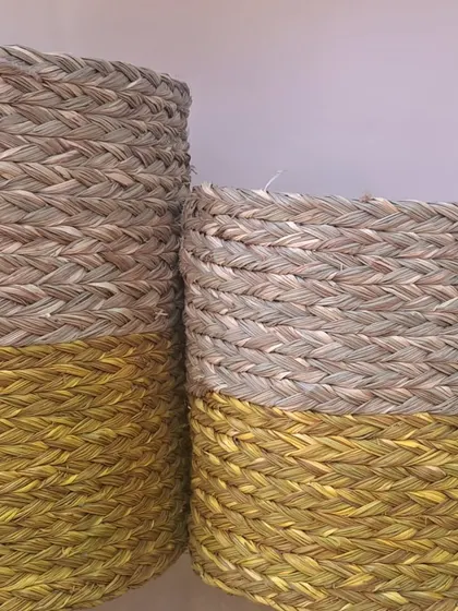 Another color variation of our two-tone baskets, this time in a natural and mustard yellow combination. These are perfect for adding a pop of color and natural texture to an interior space.