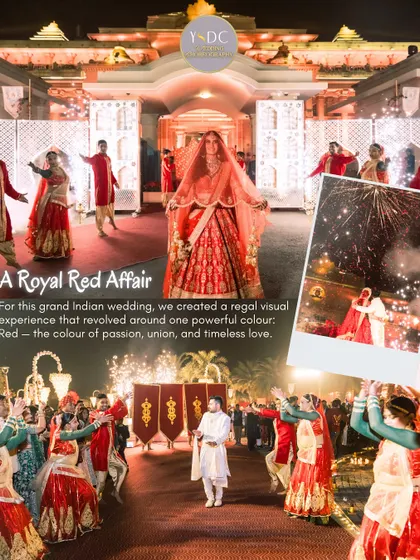 This graphic illustrates a "Royal Red Affair" concept. The entire entry and varmala ceremony were designed around the color red, with dancers, props, and lighting all contributing to a regal and passionate visual theme.