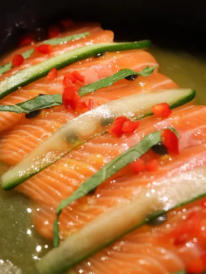 A beautiful plate of salmon sashimi with cucumber and chili from the Grumps, Goa pop-up. Their menu played with bold Asian flavors and a no-rules approach.